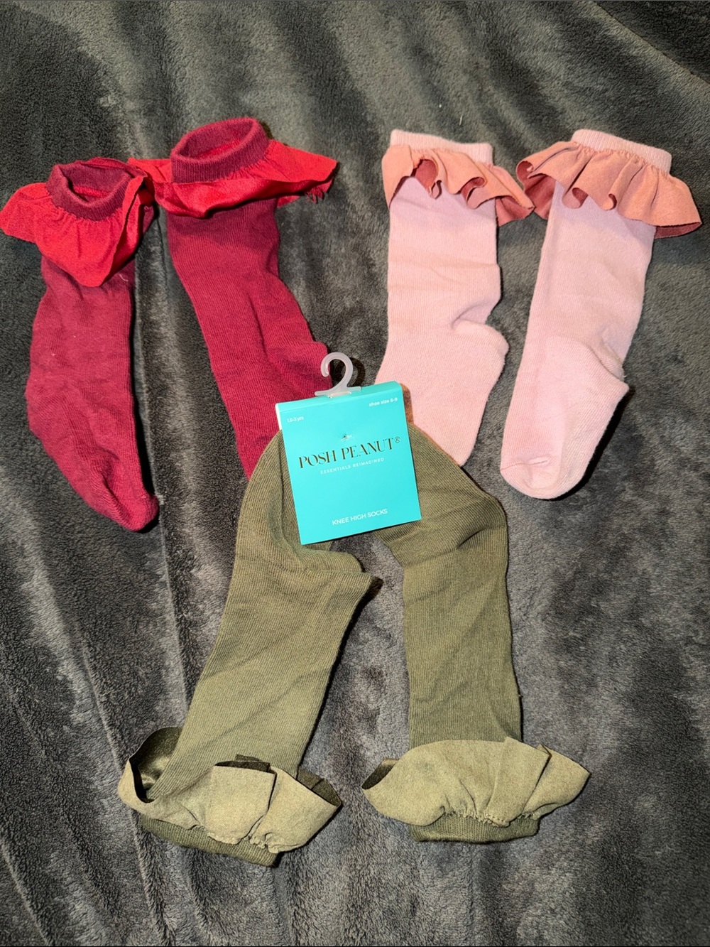 Posh Peanut Ruffle Knee-High Socks in Olive, Dusty Pink and Red - 3 Pack
